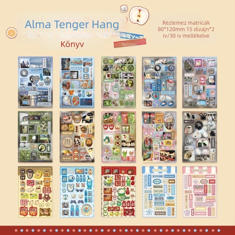 Retro ízvilág étterem sorozat matricás könyv, japán stílusú kivágott matricák, aranyos ételeket ábrázoló képregények DIY napló dekorációhoz