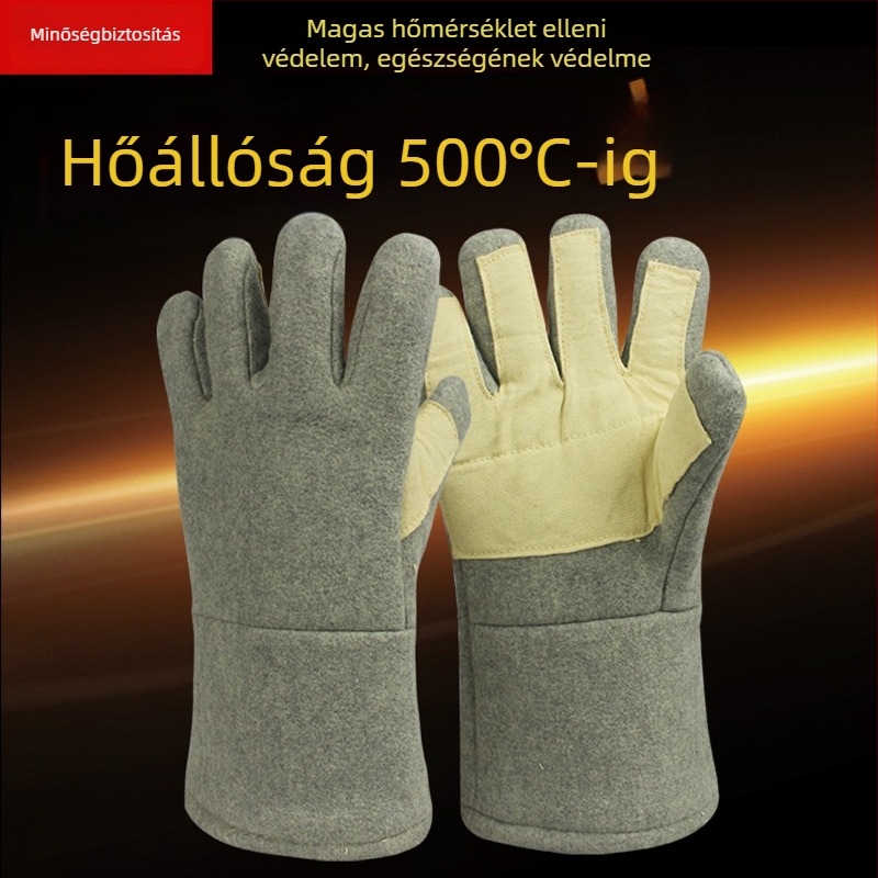 Hőálló kesztyűk forró munkákhoz, 300–500°C, tűzálló és hőszigetelő, ötujjas kialakítás, alumíniumfóliával és aramid rosttal