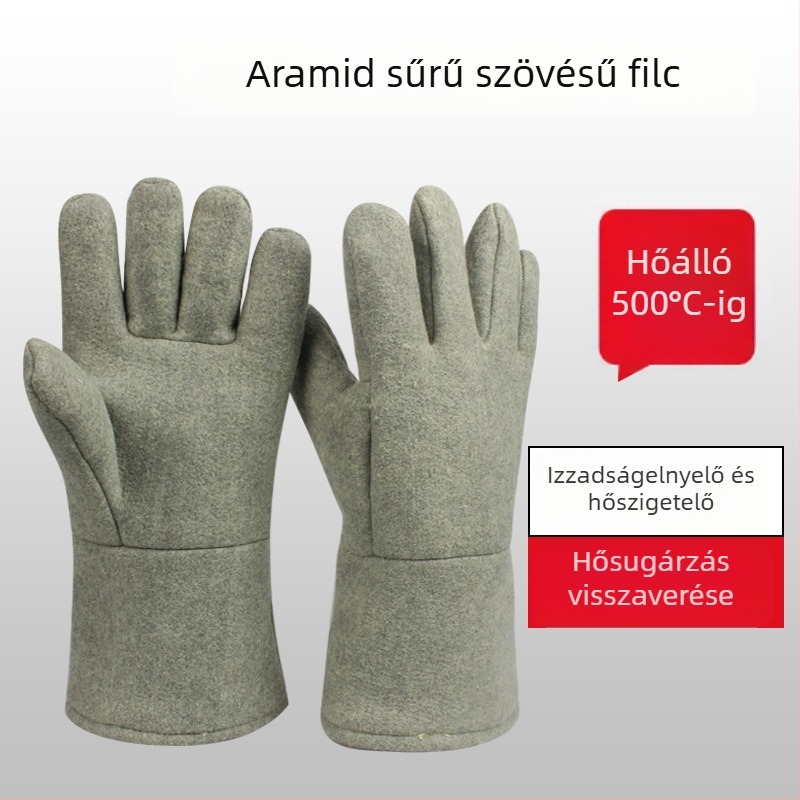 Hőálló kesztyűk forró munkákhoz, 300–500°C, tűzálló és hőszigetelő, ötujjas kialakítás, alumíniumfóliával és aramid rosttal