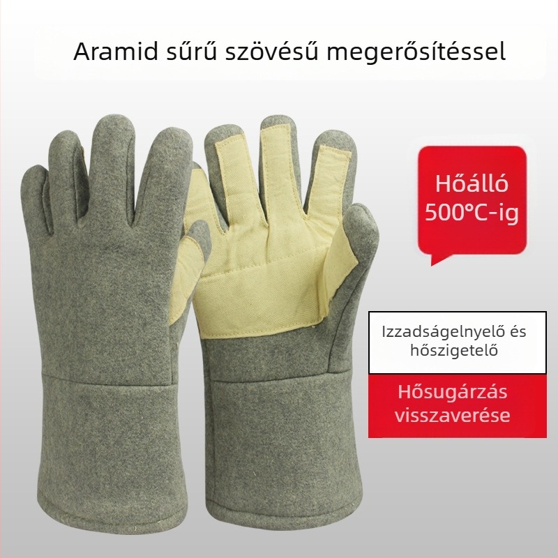 Hőálló kesztyűk forró munkákhoz, 300–500°C, tűzálló és hőszigetelő, ötujjas kialakítás, alumíniumfóliával és aramid rosttal
