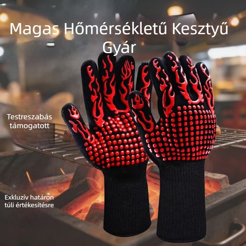 800°C-ig terhelhető kesztyű aramid–pamut–szilikon anyagból, csúszásmentes, lángálló, hőszigetelő, grillhez, sütőhöz és mikróhoz