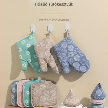 Öt darabos pamut mikró kesztyű készlet levél mintával, hőszigetelő alátétekkel és edényfogó fogantyúvédőkkel