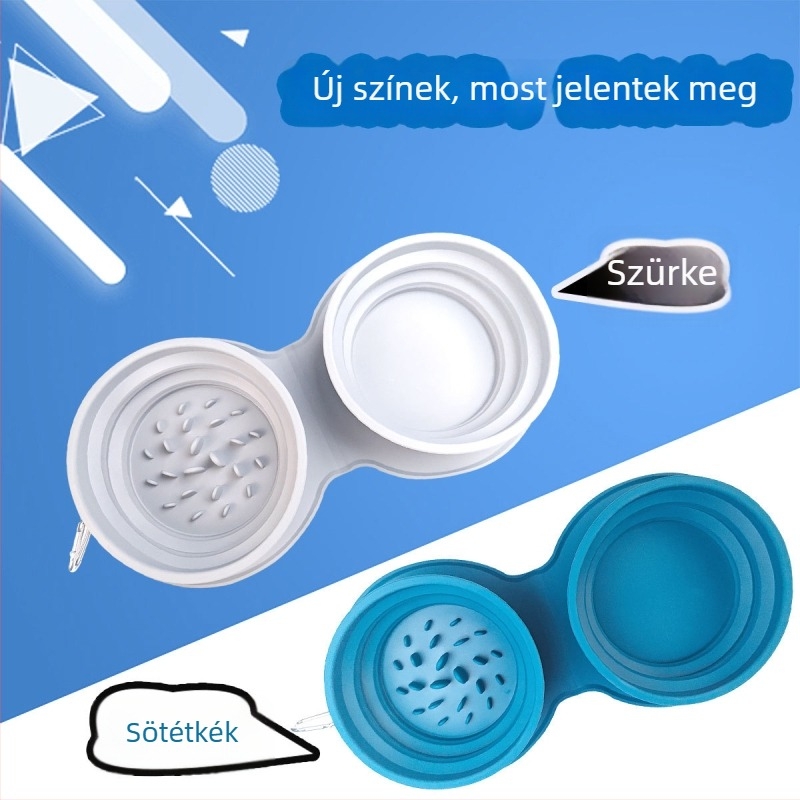 Összecsukható szilikonból készült kisállat tál, kettős rekesz vízre és ételre – kutyáknak és macskáknak