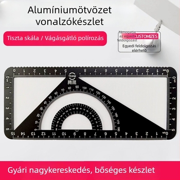 Integrált fém vonalzó készlet: egyenes vonalzó, háromszögvonalzó, szögmérő és háromszöglemez; alumíniumötvözet