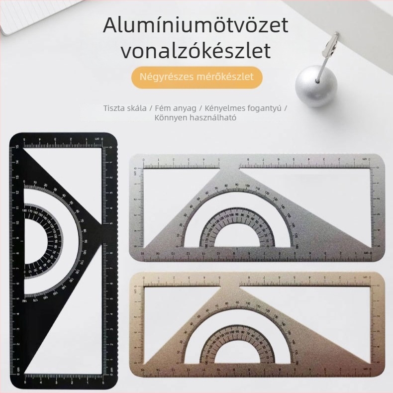 Integrált fém vonalzó készlet: egyenes vonalzó, háromszögvonalzó, szögmérő és háromszöglemez; alumíniumötvözet