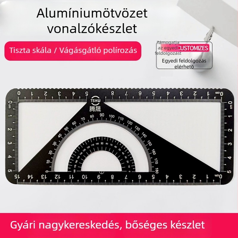 Integrált fém vonalzó készlet: egyenes vonalzó, háromszögvonalzó, szögmérő és háromszöglemez; alumíniumötvözet