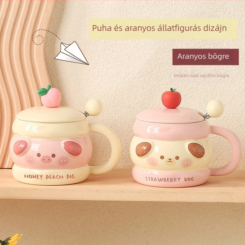 Kedves állatfigurás kerámia bögre fedővel, aranyos ajándék bármilyen alkalomra