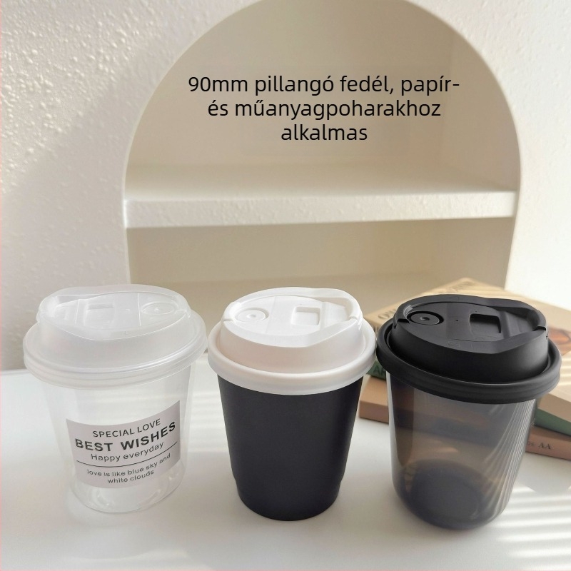 90 mm-es pillangófedél pohárhoz – egyszer használatos, szivárgásmentes, teához és kávéhoz, multifunkcionális papír-plasztik univerzális pohárfedél