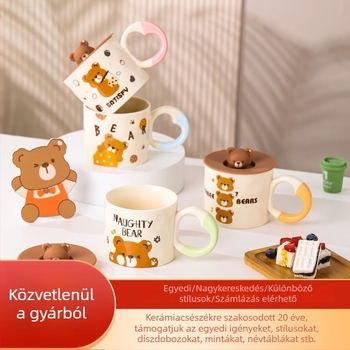 Kerámiás bögre fedővel és kanállal – rajzolt medvével