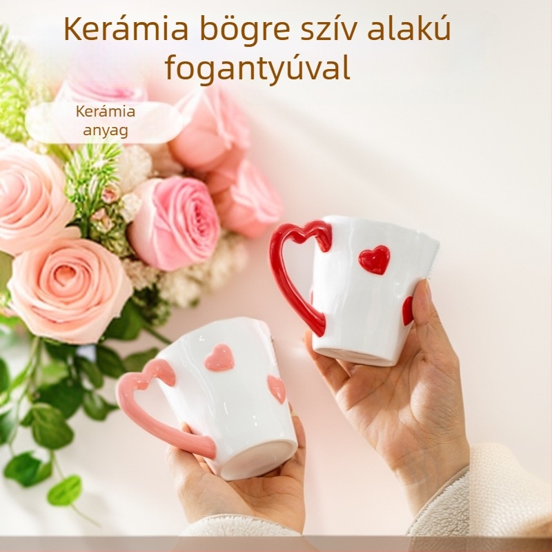 Kézzel festett kerámia bögre tejhez és kávéhoz, szív alakú fogantyúval, aranyos páros dizájn