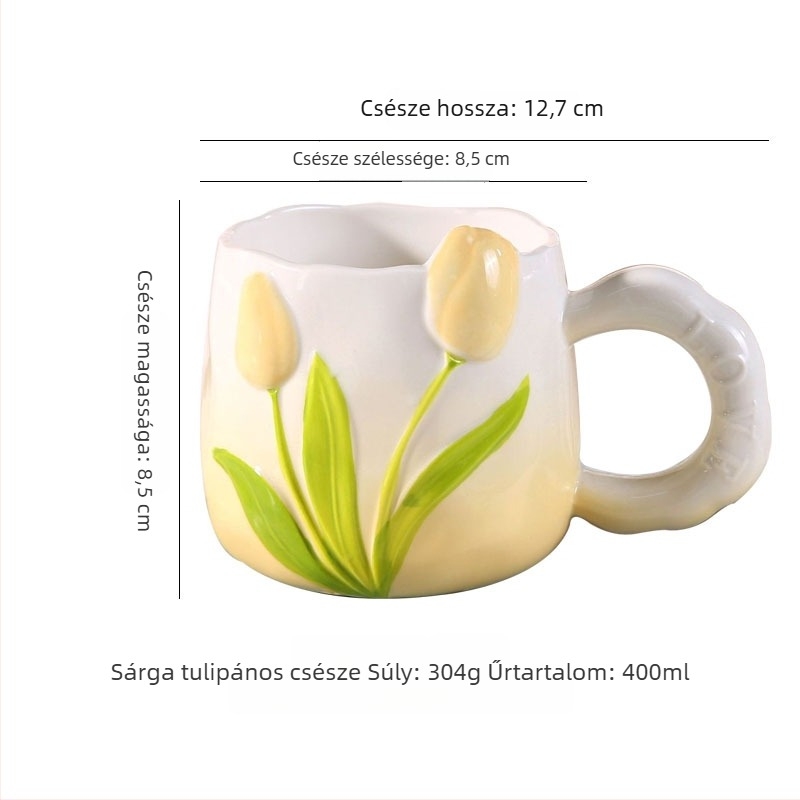 Tulipán formájú kerámia kávésbögré kézzel festett alglazúrral, virágos mintával, nőknek, magas esztétikai érték