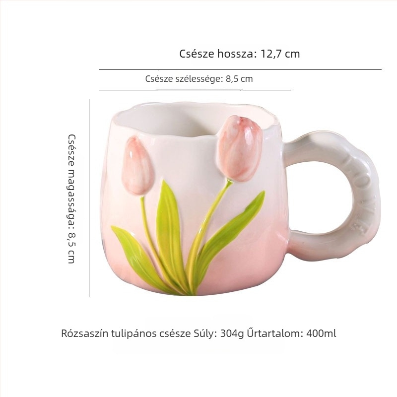 Tulipán formájú kerámia kávésbögré kézzel festett alglazúrral, virágos mintával, nőknek, magas esztétikai érték