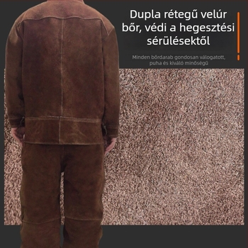 Barna két részes hegesztőruha marhabőrből, tűzálló, égési sérülések elleni védelem, magas hőmérséklet elleni védelem, nagy méretek