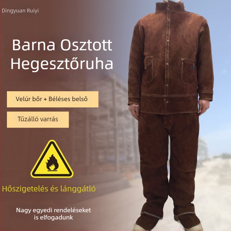Barna két részes hegesztőruha marhabőrből, tűzálló, égési sérülések elleni védelem, magas hőmérséklet elleni védelem, nagy méretek