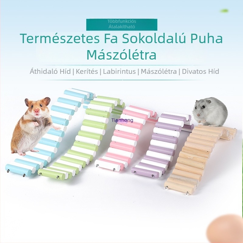 Hamster játék készlet: mászólétra, kerítés, ívelt híd és függőhíd fenyőfából — ketrecdísz és elválasztó kiegészítők