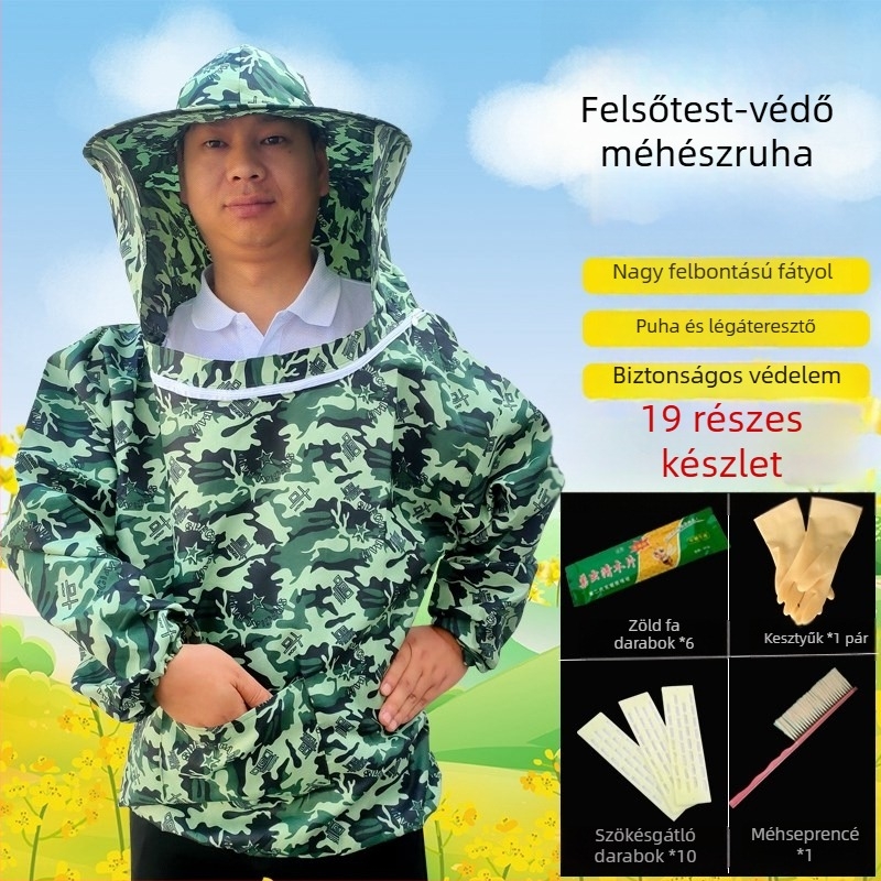 Szellőző teljes méhészeti védőruha készlet, légáteresztő féltestes védőruha kamuflázzal, méhész sapka és eszközök