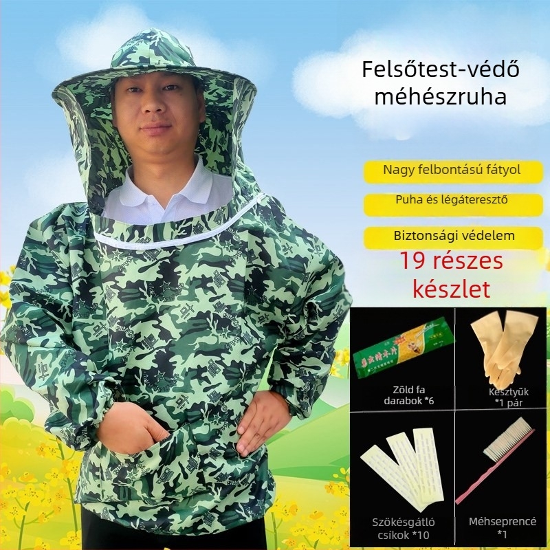 Szellőző teljes méhészeti védőruha készlet, légáteresztő féltestes védőruha kamuflázzal, méhész sapka és eszközök