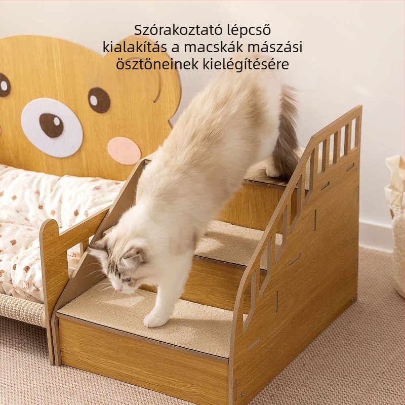 Rajzfilmszerű, meleg macskaágy lépcsős odúval és párnával – luxus odú kistestű és közepes méretű háziállatoknak