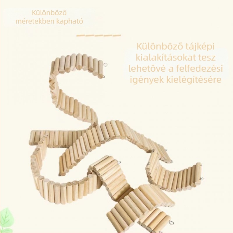 Fából készült hörcsögjáték készlet: hosszú mászó létra, kerítés, hinta, íves mászóút és fahíd – sokoldalú stimuláció