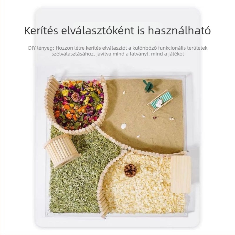 Fából készült hörcsögjáték készlet: hosszú mászó létra, kerítés, hinta, íves mászóút és fahíd – sokoldalú stimuláció