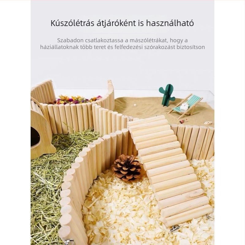 Fából készült hörcsögjáték készlet: hosszú mászó létra, kerítés, hinta, íves mászóút és fahíd – sokoldalú stimuláció