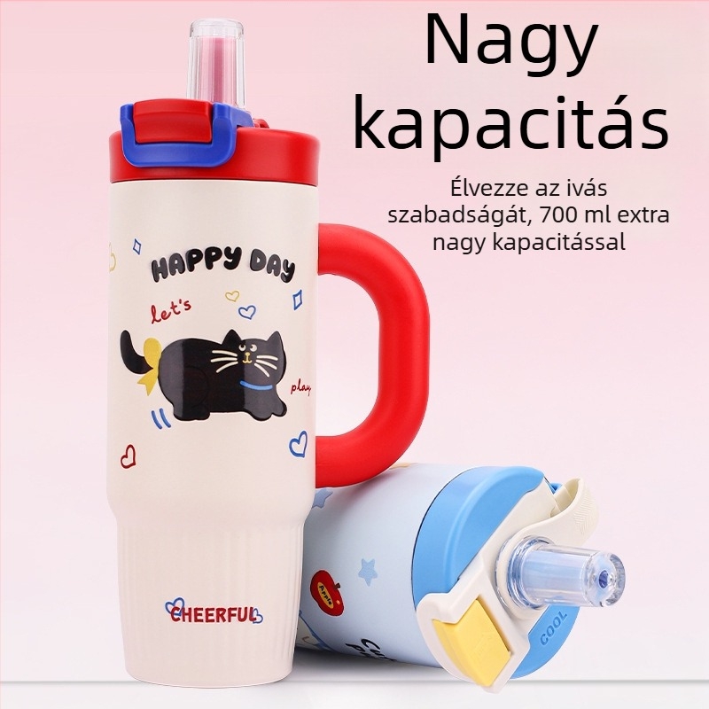 316 rozsdamentes acél termosz, nagy kapacitású, hordozható rajzfilm mintás pohár szívószállal