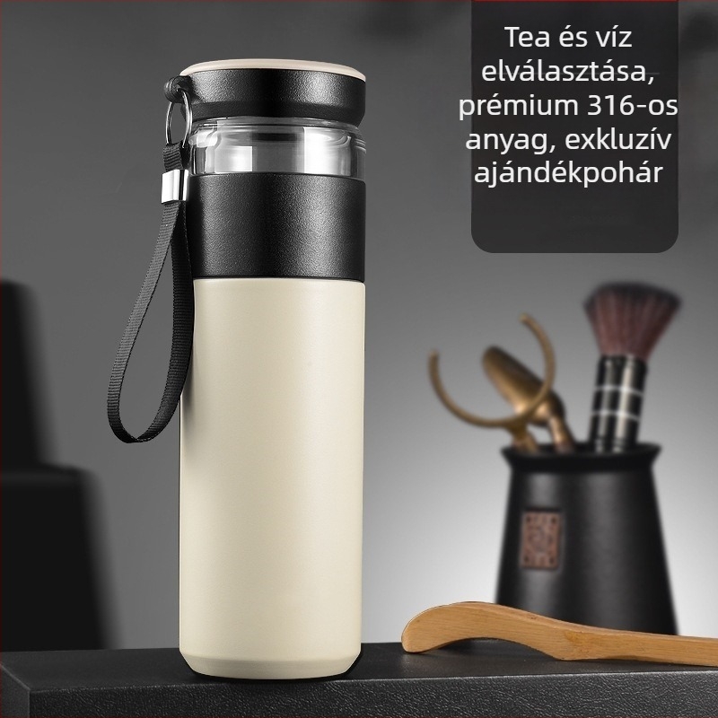Tea szeparációs termosz pohár, hőszigetelt, belső 316 rozsdamentes acél, külső 201 rozsdamentes acél, ajándék doboz