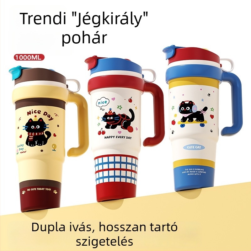 316 rozsdamentes acél termosz pohár, nagy kapacitású, vákuumos szigetelés, hordozható fogantyúval