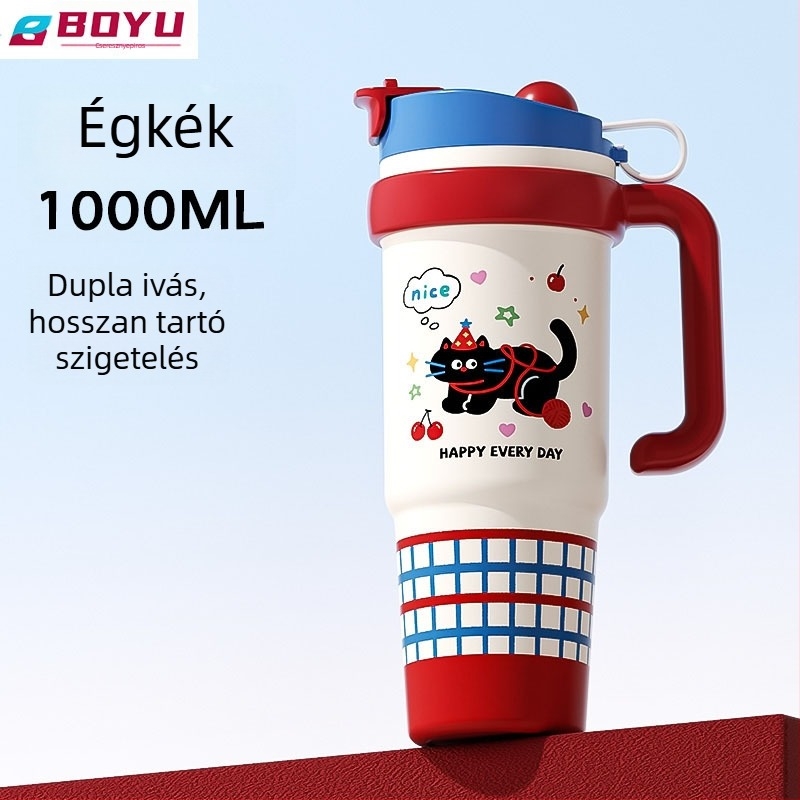316 rozsdamentes acél termosz pohár, nagy kapacitású, vákuumos szigetelés, hordozható fogantyúval