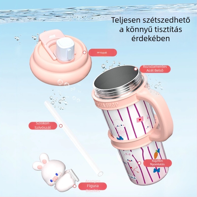 Cartoon-stílusú 316 rozsdamentes acél termosz, nagy kapacitású, hordozható, dupla szívószállal