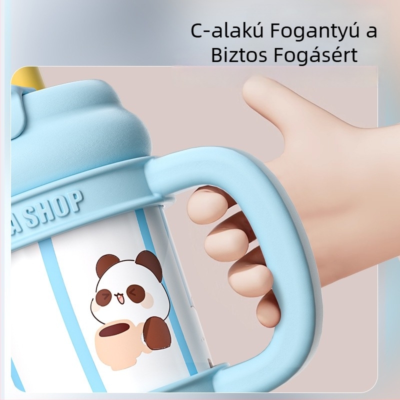 Cartoon-stílusú 316 rozsdamentes acél termosz, nagy kapacitású, hordozható, dupla szívószállal