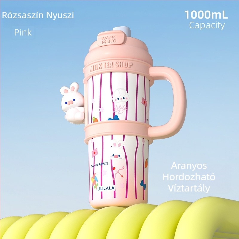 Cartoon-stílusú 316 rozsdamentes acél termosz, nagy kapacitású, hordozható, dupla szívószállal