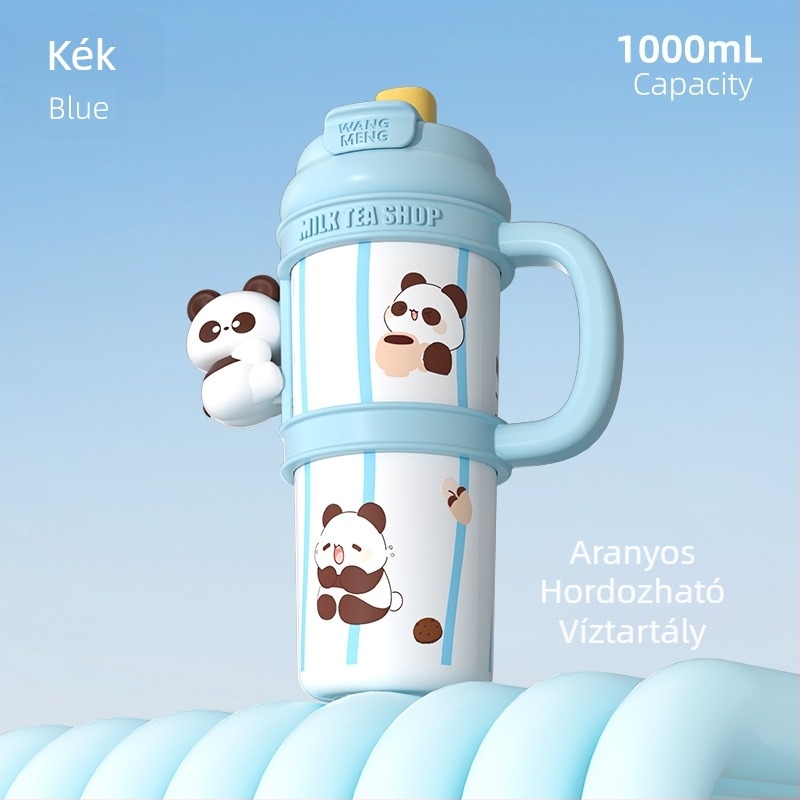 Cartoon-stílusú 316 rozsdamentes acél termosz, nagy kapacitású, hordozható, dupla szívószállal