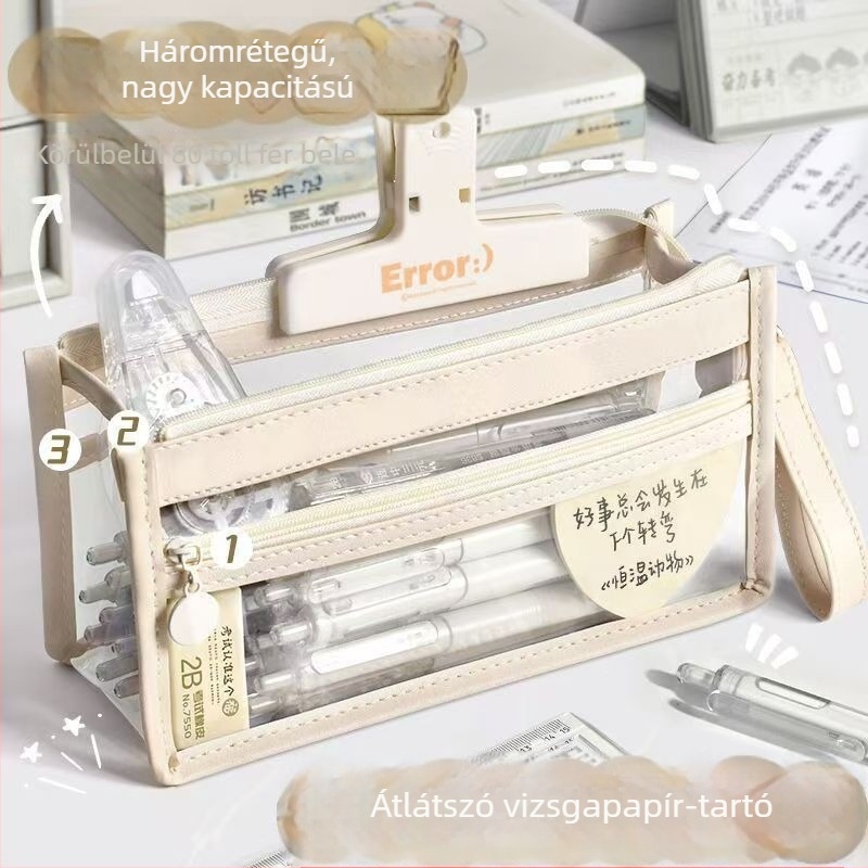 Átlátszó vízálló háromrekeszes tolltartó, vizsgákhoz, tárolás ceruzák és kozmetikumok számára, koreai-japán stílusú dizájn