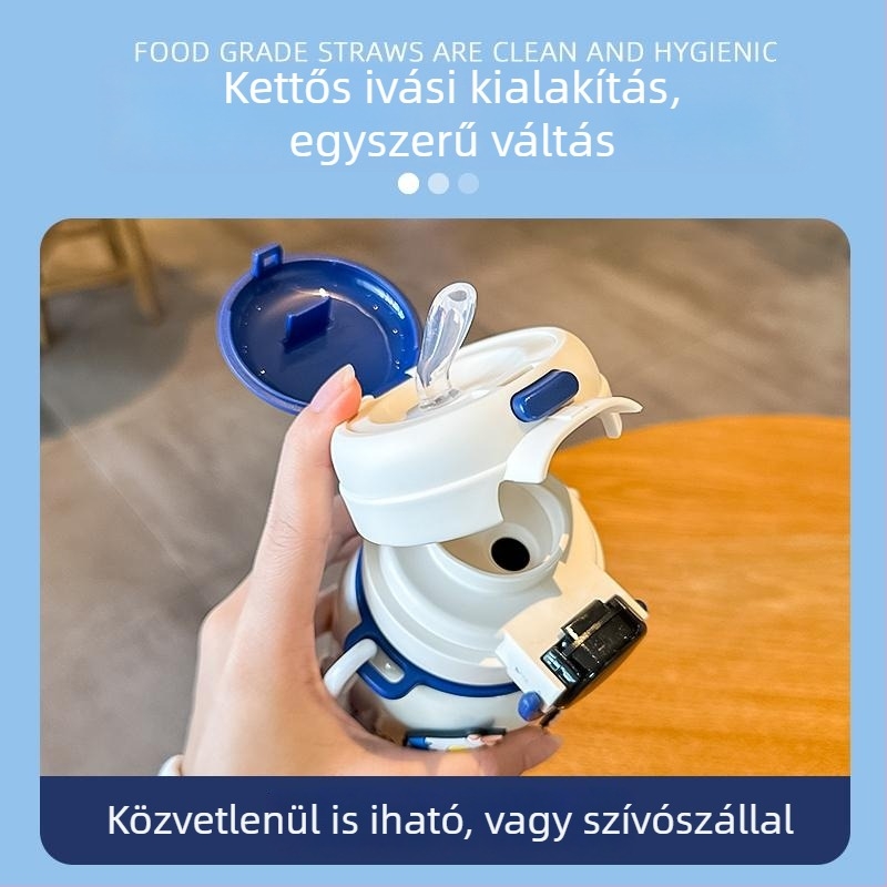 Gyerekek termoszbögréje hőmérséklet-kijelzővel, óvodás lányoknak, szívószállal, rajzfilmszerű dizájn