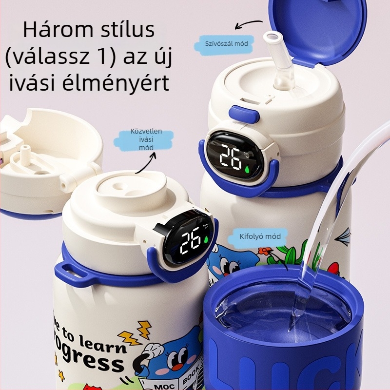 Gyerekek termoszbögréje hőmérséklet-kijelzővel, óvodás lányoknak, szívószállal, rajzfilmszerű dizájn