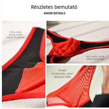Férfi átlátszó hálós tangabugyi, lélegző, alacsony derekú, pamut bélés