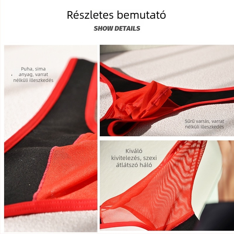 Férfi átlátszó hálós tangabugyi, lélegző, alacsony derekú, pamut bélés