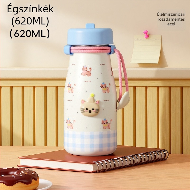 316 rozsdamentes acél termosz vákuum-szigeteléses, pánttal és szívócsővel — hordozható mini vízpalack nőknek