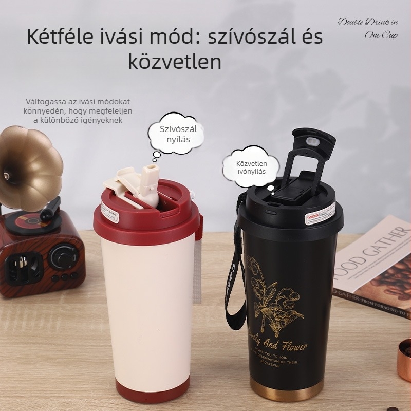 Dupla falú vákuum rozsdamentes acél autópohár, hordozható pánttal, irodai és szabadidős használatra