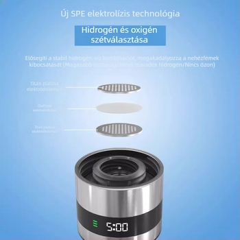 Háromfunkciós pohár és hidrogénben gazdag víz palack, SPE elektrolízissel a hidrogén és oxigén szétválasztásához, LED intelligens kijelző