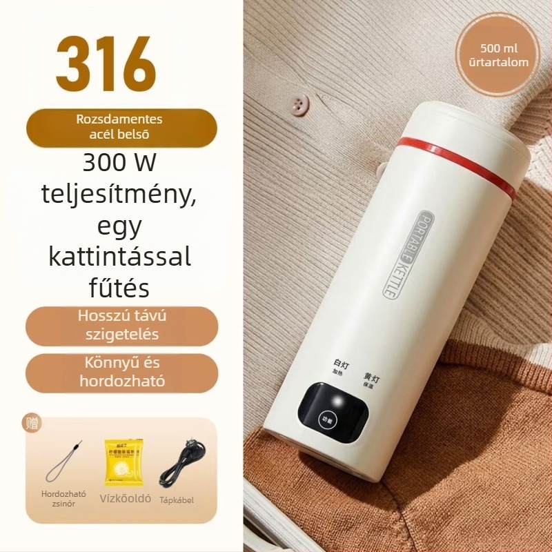 Hordozható elektromos forróvíz-kanna integrált hőszigeteléssel, kompakt rozsdamentes acél kanna irodához és utazáshoz