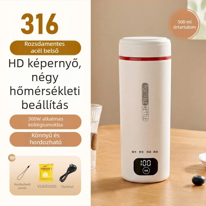 Hordozható elektromos forróvíz-kanna integrált hőszigeteléssel, kompakt rozsdamentes acél kanna irodához és utazáshoz