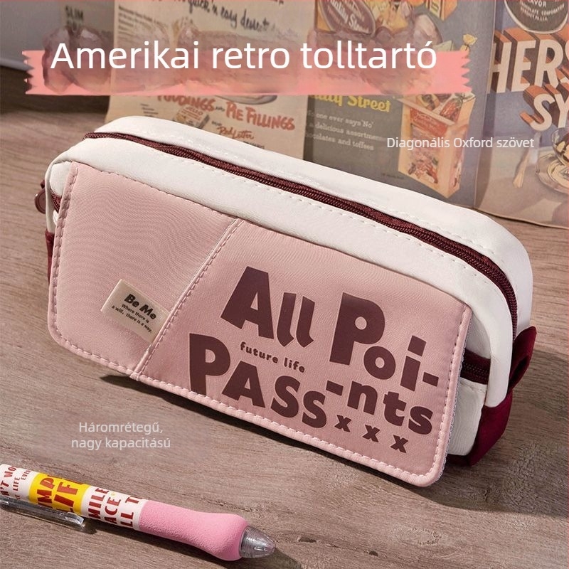 Amerikai stílusú retró tolltartó, nagy kapacitású, egyedi dizájnnal, közép- és általános iskolások számára.