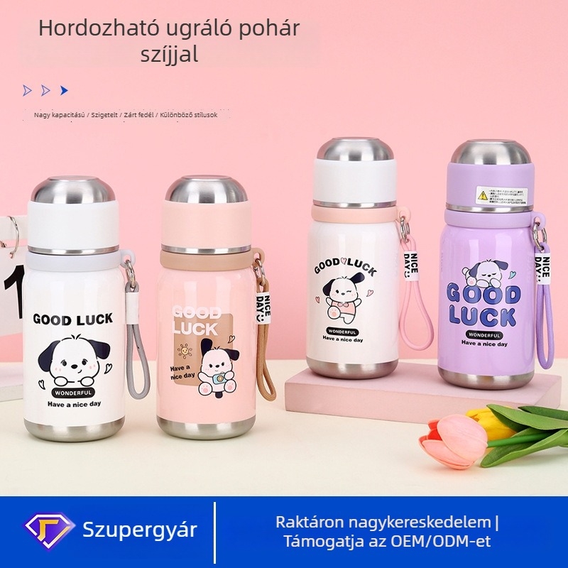 Rajzolt kiskutya teáscsésze, 316-os rozsdamentes acélból, vákuum-szigetelés, hordozó zsinórral, hordozható, Bounce cup