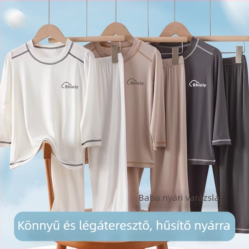 Vékony modal anyagú gyerek pizsama, uniszex, hosszú ujjú felső és hosszú nadrág, tavasz-nyár, légáteresztő, gyorsan száradó