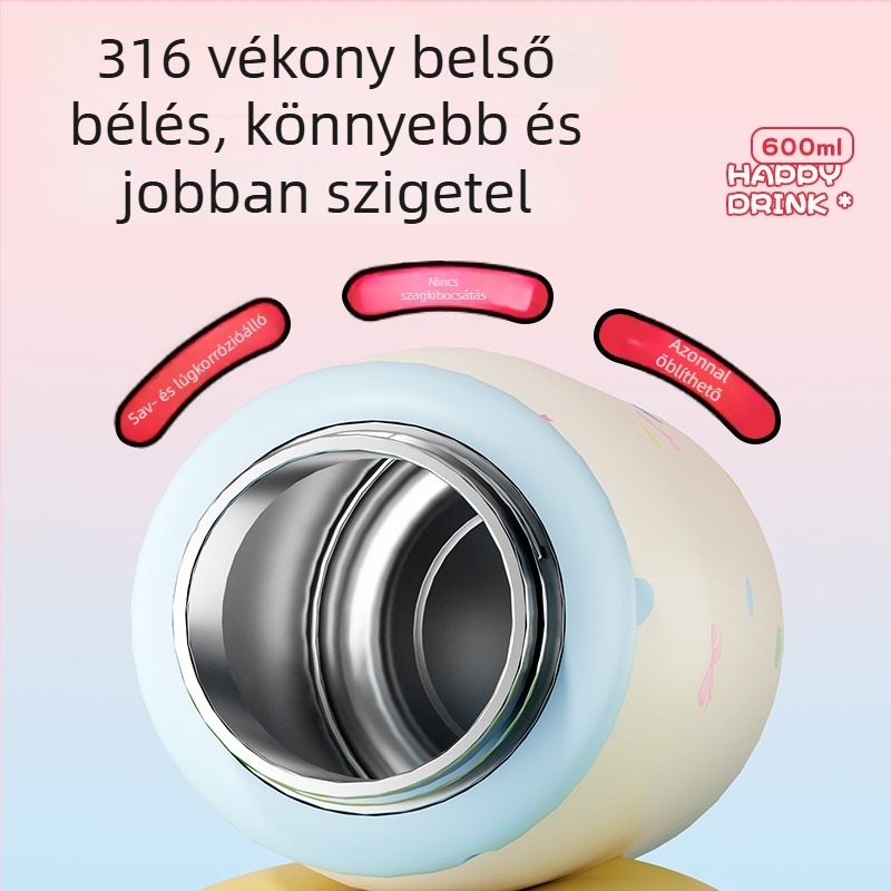 316 rozsdamentes acél termosz, aranyos rajzfilm dizájnnal, hordozható, nagy kapacitású szívószállal
