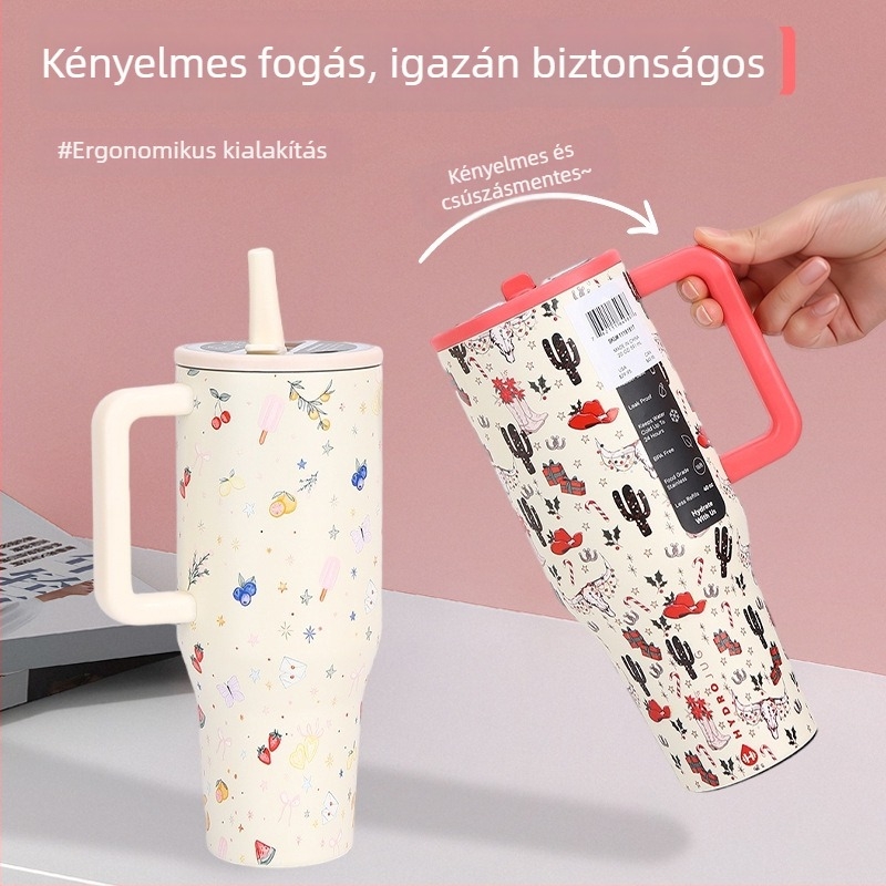 304 rozsdamentes acélból készült szigetelt pohár, nagy kapacitású 40 oz, fogantyúval és szívószállal