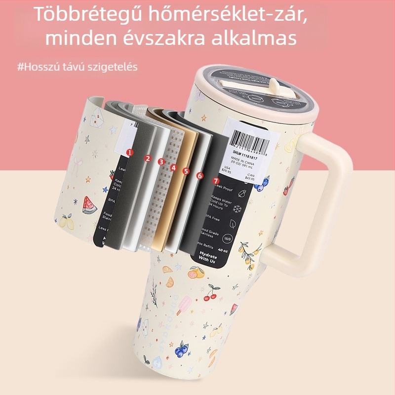 304 rozsdamentes acélból készült szigetelt pohár, nagy kapacitású 40 oz, fogantyúval és szívószállal