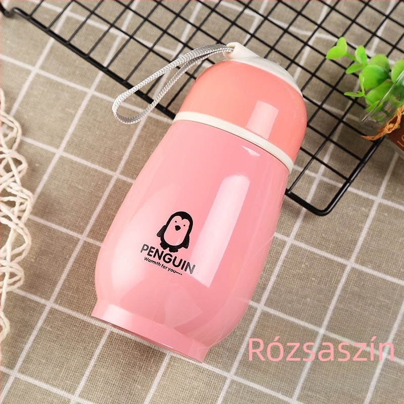 Gyerekeknek készült cukorkaszín pingvin motívumos rozsdamentes acél termosz pohár logóval